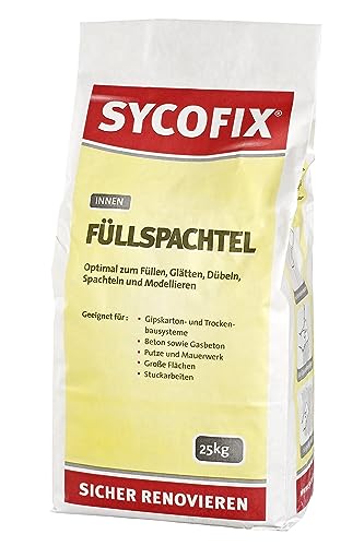 Füllspachtel innen, 25 kg zum Füllen, Glätten, Spachteln, Dübeln und Modellieren, Gipskarton- und Trockenbausystemen, Beton, Putze, Mauerwerk, auch für Stuckarbeiten, hoher Weißgrad, schnell trocknend