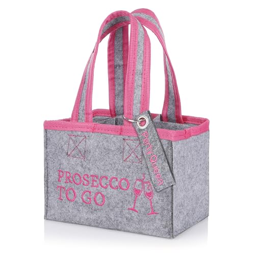 FunX Flaschentasche Prosecco to go - Filztasche für 6 Flaschen - Grau mit Trageschlaufen und Aufdruck - Vielseitig einsetzbar - 19x12x14 cm (Getränketasche mit Anhänger)