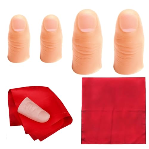 DNSHAN 4 Stück Zaubertrick Finger, Zauberdaumen Trick, Finger Zauber Tricks, Zauber Zubehör Finger, Zauber Tricks Künstliche Finger und 1 Stück Rot Training Tuch für Zauberartikel Party