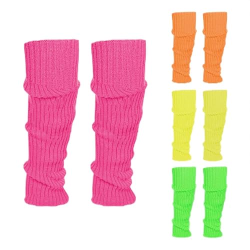 80er 90er Damen Beinwärmer Stulpen Legwarmers Neon Strümpfe Gestrickte,4 Stück Bein Stulpen Schweißband Set, Aerobic Kostüm Accessoires für Karneval Mottoparty Tanzen (Rose Gelb Grün Orange)