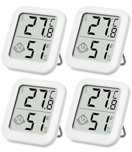 SOBEAU Mini Thermo-Hygrometer Thermometer innen Raumthermometer 4 Stück und luftfeuchtigkeitsmesser, Digitales Innen Hygrometer mit Smiley-Indikator für Babyzimmer Wohnzimmer Büro Gewächshaus(Weiß)