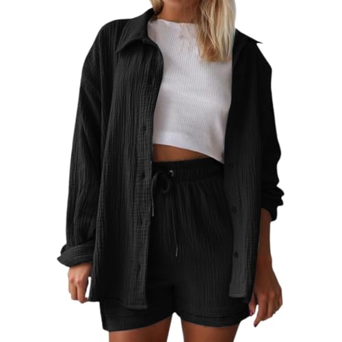 Musselin Bluse Damen Elegant Sommer Zweiteiler Bluse Shorts Aesthetic Set Baumwolle Sportanzug Oversize Freizeitanzug Langarm Hausanzug Outfit Zweiteiler Musselin Bluse