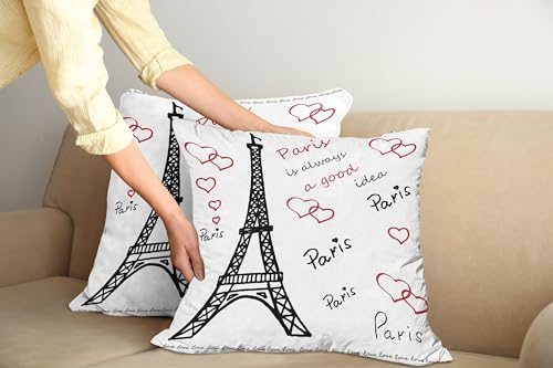 ABAKUHAUS Eiffelturm Kissenbezug 2er-Pack, Eiffelturm Paris Ist Immer Eine Gute Idee Tourismusorte Süße Liebe, Kissenhülle mit Reißverschluss Beidseitiger Druck, 60 x 60 cm, Rot Schwarz Weiß