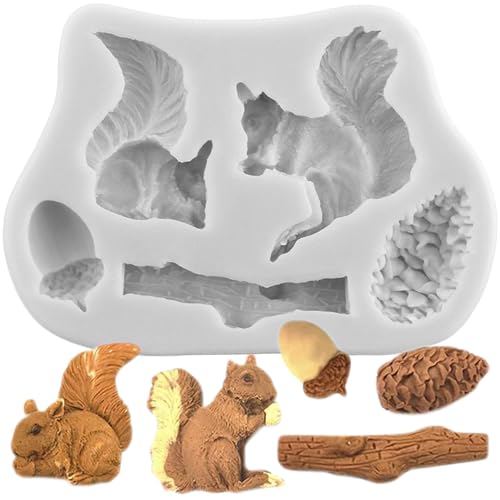 MINFEIDMS Eichhörnchen Silikonformen Tannenzapfen Eichel Baumstamm Fondant Form für Kuchendekoration Schokolade Cupcake Topper Süßigkeiten Polymer Clay Gum Paste
