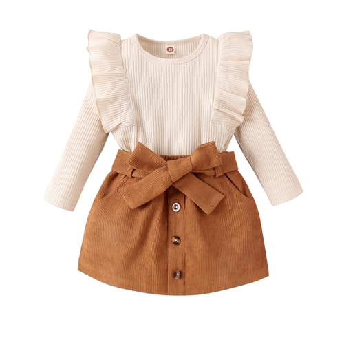 Geagodelia Baby Mädchen Kleidung Outfit Babykleidung Set Langarmshirt Top + Rock Neugeborene Weiche Babyset Zweiteiler (Beige & Khaki, 6-12 Monate)
