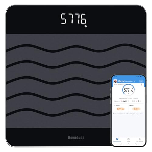 Homebuds 300kg Digitale Personenwaagen Waage mit Gewicht und BMI, Smarte Körperwaage mit Smartphone App Sync via Bluetooth, 8 mm Hartglas mit extra-breiter Plattform, Schwarz