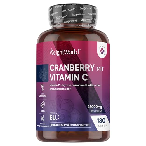 Cranberry Kapseln mit Vitamin C - entspricht ca. 25.000mg Cranberry Pulver (50:1) - 6 Monate Vorrat - 180 Stück & Vegan - 200mg Vit C - WeightWorld