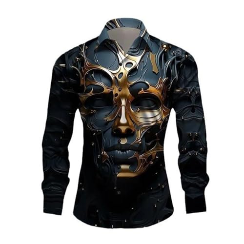 Caxndycing Langarmhemd Herren mit Totenkopf-Print Lässiges 3D-Digital-Kreativdruck-Hemd Hawaiihemd Party Halloween Bedrucktes Hemden Langarm Umlegekragen Kostüm Versteckte Knopfleiste