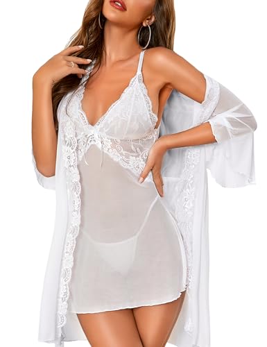 RSLOVE Damen Spitzen Morgenmantel Bademantel - mit Sexy Babydoll Braut Nachtkleid Nachtwäsche Weiß S