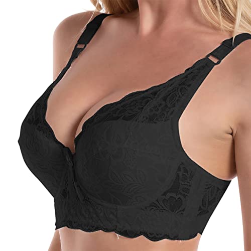 BH Damen Ohne Bügel Push up BH Bra Damen Sexy Spitze Geraffter BH verstellbare Träger Brustkörbchen Unterwäsche Spitzen Top (Black, 80D)