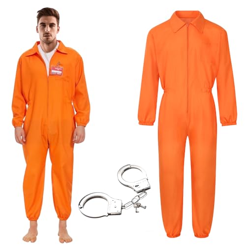 Mineup Gefängnis Kostüm Orange, Häftling Kostüm Herren, Classic Prisoner Overall mit Handschellen, Sträfling Gefangene Kostüm Karneval Cosplay, Costumes Erwachsenenkostüm(165-180cm)