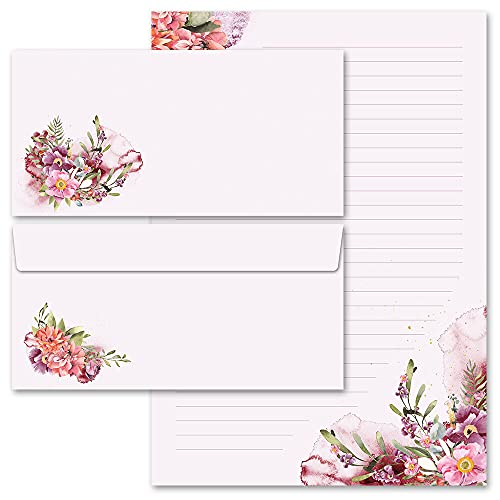Briefpapier Set, 20 tlg. Blumen & Blüten, BLÜTENZEIT 10 Blatt Briefpapier + 10 passende Briefumschläge DIN LANG ohne Fenster