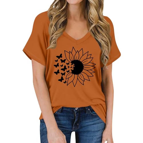Damenbekleidung Große Größen ????, T Shirt Damen Grosse Grössen Longtops Sommer Übergröße Kurzärmliges Schule Modern Sunflower Tailliertes V Ausschnitt Elegante Oberteile Beige XL