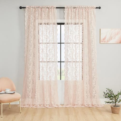 Blush Pink Lace Curtains 96 Inches Long 2 Panels Vintage Paisley Floral Sheer Curtains for Living Room Bedroom Victorian Crochet Curtains Rod Pocket Light Filtering French Window Drapes, 52x96