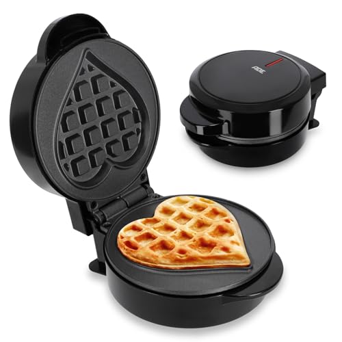ADE Mini Waffeleisen Herzform | belgische Waffel | perfekt für eine Person, Party, Kindergeburtstag | hochwertige Antihaftbeschichtung | 550 W | schwarz