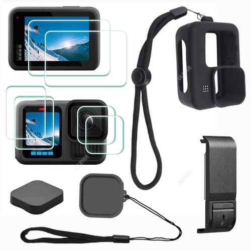 Schutzhülle Zubehör für GoPro Hero 13 Hero13 Schwarz+ Batterietür staubdicht+ ULBTER Objektiv-Displayschutz Folie + Gummihülle + Umhängeband + Objektivdeckel +Halter