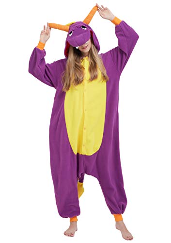 ULEEMARK Jumpsuit Onesie Tier Karton Fasching Halloween Kostüm Sleepsuit Cosplay Overall Pyjama Schlafanzug Erwachsene Unisex Lounge Kigurumi Lila Drache for XL