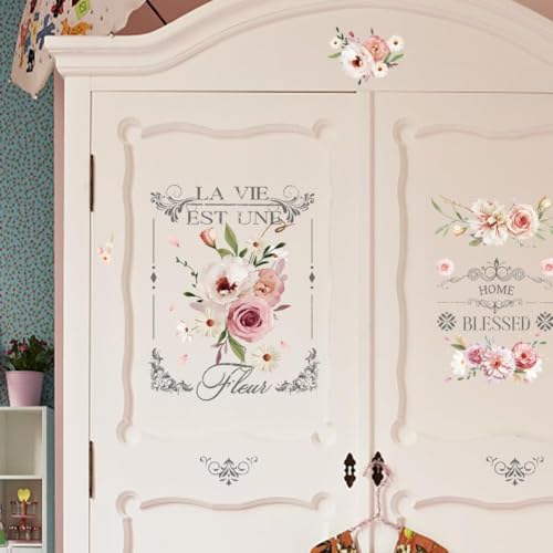 PLIGREAT 3 Blätter Retro Rub on Sticker für Möbel Transfers Aquarell Blume Aufkleber für DIY Handwerk Holz Kleiderschrank Schublade Schranktür Tischstuhl Dekoration alte Möbel Renovierung Dekor