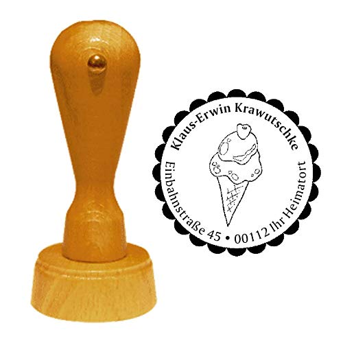 Stempel Adressstempel « EIS » Durchmesser ca. Ø 40 mm - mit persönlicher Adresse, Motiv und Zierrand - Kugeleis Sommer Saison Eisstand Eisbude Eisdiele