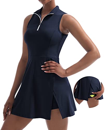 CUGOAO Damen-Tenniskleid, Golfkleid, Workout-Kleid mit Shorts und Taschen für ärmellose Sportkleider, Blau, Klein