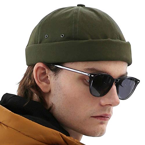 UNDERCONTROL Vintage-Mütze ohne Krempe, Fischerhut, Leon, gerollter Umschlag, Harbour, Miki-Totenkopf, Docker-Mütze mit Lederriemen für Damen und Herren, Made in Korea (Oliv)