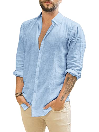 Runcati Herren Langarm Leinenhemd Umlegekragen Hemd Business Freizeithemd Sommer Shirt, Blau, L