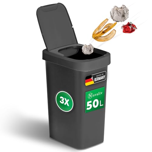 Novaliv 3er-Set Mülleimer 50L mit 2in1 Deckel, Klappdeckel & Schwingdeckel, Anti-Geruch Abfalleimer für Küche Haushalt Büro, Müll Eimer Abfall Trash Bin Kunststoff Abfallbehälter Mülltonne