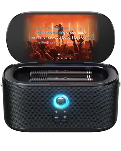 Karaoke-Maschine für Erwachsene & Kinder mit Bildschirmtextanzeige, 2 kabellose Mikrofone automatisches Aufladen, tragbarer Bluetooth-Lautsprecher PA-System WiFi/HDMI, Home Outdoor Party Lautsprecher