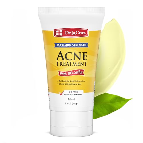 De La Cruz 10% Sulfur Ointment Acne Treatment - Medication to Clear Cystic Acne Pimples and Blackheads on Face and Body - Made in USA - 2.6 oz Tube