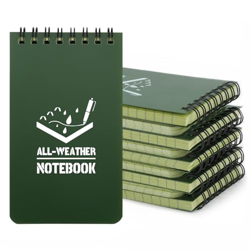 RETON 10 Stück Wasserdichte Notizblock, Allwetter-Notizblöcke mit Top-Spirale, 3 x 5 Zoll Pocket Notizbuch, Taktische Steno Blöcken mit Raster für Aktivitäten im Freien Aufnahmen (Armeegrün)