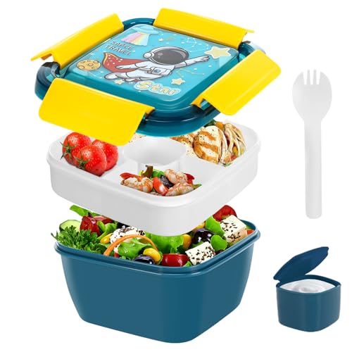 Salat To Go Box Lunchbox Erwachsene/Kinder Bento Box Lunchbox Mikrowellengeeignet 3 FäCher FüR Salate Und Snacks, Inklusive DressingbehäLter Geeignet FüR Schule, Arbeit, Picknick (Blau)
