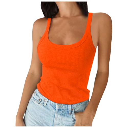 Damen Spaghettiträger U-Ausschnitt Geripptes Tank Top Schmal geschnittenes Baumwoll-Camisole Basic Ärmelloses Lagenshirt Jackenverschlüsse (Orange, S)