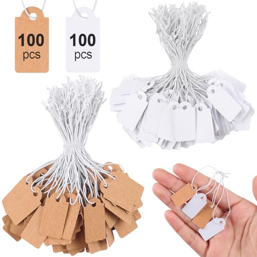 Caianwin 200 Stück Kleine Preisschilder Anhänger mit Elastische Kordel, 26 x 13mm Schmuck Etiketten Anhänger, Weiß und Braun Kleinen Hängeetiketten für Schmuck Display