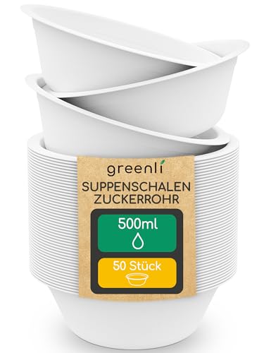 greenli® Einweg Suppenschalen 500ml - Nachhaltige Einwegschalen aus Zuckerrohr – 50 Suppenteller Einweg