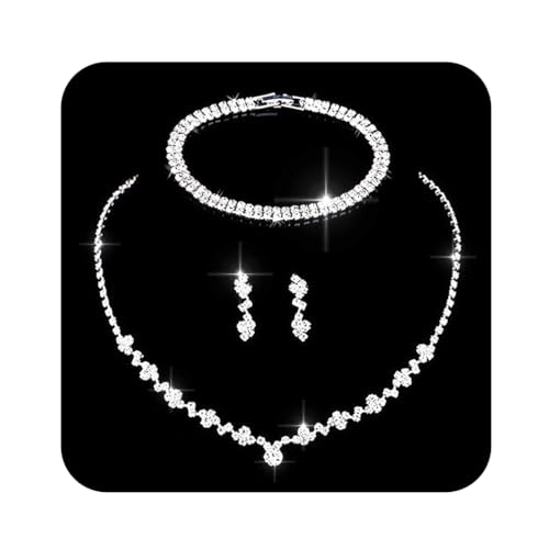 Ushiny Hochzeitsschmuck-Sets Silber Braut Strass Halskette Ohrringe Armbänder Sets Zirkonia Schmuckset Brautjungfer Schmuckset für Frauen und Mädchen