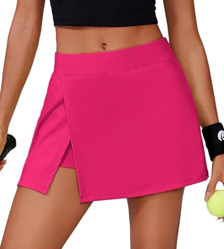 PINSPARK Tennisrock Damen mit Hose Sportrock Golfrock Hohe Taille Tennis Skort mit 2 Taschen und Seitlichem Schlitz Sommerrock Minirock Laufröcke Hosenrock Wandern Laufen Rosa M