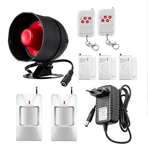 Alarmanlage Haus Sirene 9 Teiliges Set mit 115 dB Sirene, Bewegungssensor, Türfenstersensor und Fernbedienung,für Lager,Geschäfte,Haus