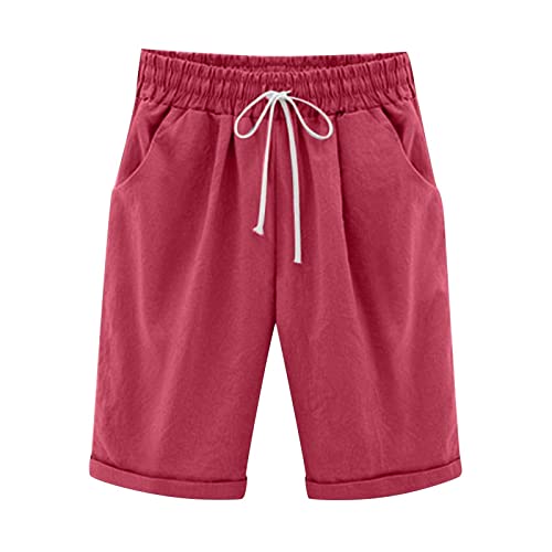 Generisch Leinen Shorts Damen Knielang Kurze Hosen Mode Kurzhose Bequeme Lose Strandshorts Sweatshorts Leinenhose Bermuda Shorts mit Tunnelzug Tasche Vielseitig Hotpants