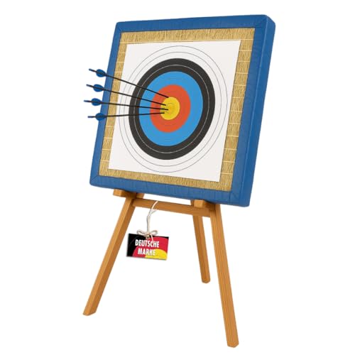Zielscheibenmatte aus Stroh 90x90 cm – wetterfeste Bogensport Zielscheibe inkl. 3 FITA Zielauflagen – Pfeilfangmatte Schießscheibe für Recurve & Freizeitbogen