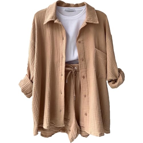 Generisch Angebote Des Tages Heute, Summer Zweiteiler Damen Musselin Bluse Set Outfit Leinen Hemd Und Shorts Sport Outfit Set (L, Khaki)