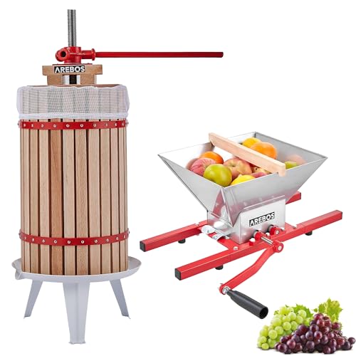 Arebos Obstpresse 18L und Obstmühle 7L | Manuelle Saftpresse I Beerenpresse inkl. Presstuch, Druckplatte und Metallspindel I Für jegliche Arten von Saft & Gemüse