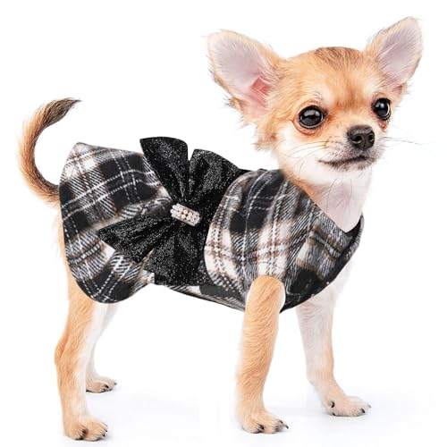Hunde-Pullover-Kleid für kleine Hunde und Mädchen, Neujahrskleidung, schwarzes Karomuster, Prinzessinnenkleid, Winter, Haustier-Urlaub, Festival, Outfits, Bekleidungskleid, Größe S, Schwarz, 2,7–4,1