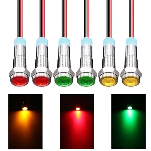 Cerioll LED Metall Kontrollleuchte, LED Metall Anzeigelampe, 6mm LED Kontrollleuchte, 6 Stück Metall Kontrollleuchte mit Draht, Wasserdichte Signallampe, 110V-220V (Rot Gelb Grün je 2 Stück)