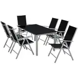 tectake® Sitzgarnitur Aluminium Klappstühle, Lounge Set mit 6X Stühle und 1x Glastisch Esstisch, Gartenmöbel Set wetterfest für den Balkon, Gartenstühle, Terrassenmöbel, Liegestuhl - anthrazit