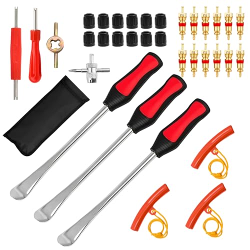 Golgner 35 Pcs Reifenheber Reifen Montiereisen, Reifenheber Montierhebel Werkzeug, Reifen Hebel Werkzeug Löffel, mit Rad Felge Protektoren, Reifenventilkappen, Werkzeugsatz, für Motorrad Fahrrad Auto