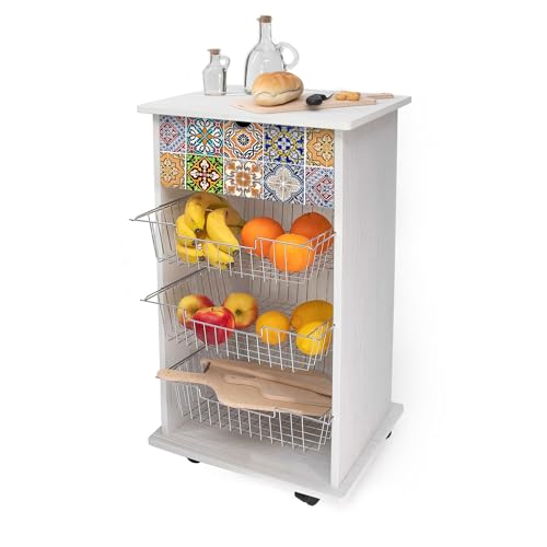 Lupia - Multifunktionaler Küchenwagen Weiß Tiles, Obstkorb mit drehbaren Rädern, Ablagefläche, drei herausnehmbare Körbe aus Stahl, Holz 40 x 45 x 85 cm montiert