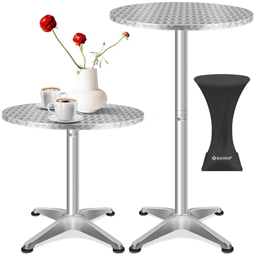 KESSER® 2in1 Stehtisch Bistrotisch 1er Set | Aluminium Edelstahlplatte | höhenverstellbar 70cm / 115cm | Partytisch Tisch Ø 60cm | Rund | In- & Outdoor | Empfangstisch | Inkl. Husse | Silber