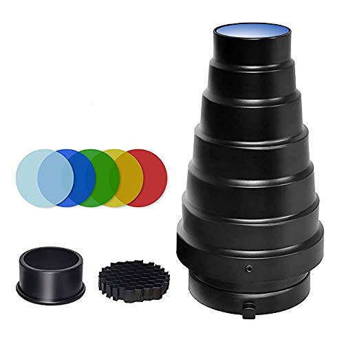Soonpho Konisches Snoot-Kit aus Aluminiumlegierung für Bowens Mount Strobe Flash Speedlite Fotografie, Wabengitter und 5 Stück Farbfilter für Bowens Mount Strobe Flash Speedlite