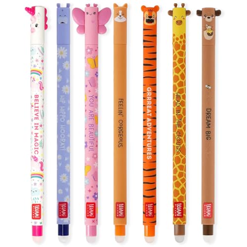 LEGAMI Set mit 7 radierbaren Gelstiften mit thermoempfindlicher Radiertinte, verschiedene Tintenfarben und Schaftdesigns, 0,7 mm Spitze, Einhorn, Nilpferd, Schmetterling, Corgi, Tiger, Giraffe,
