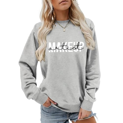 Damen-Pullover mit Rundhalsausschnitt, langärmelig, mit Visagisten-Print, grau, 48